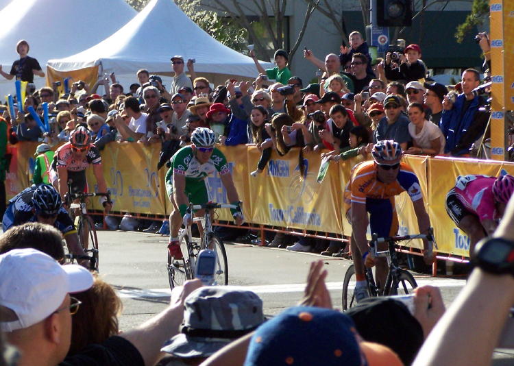 The sprint at the finish line.  These are the first four riders to cross the line to finish Stage 1 of the Tour of California.
