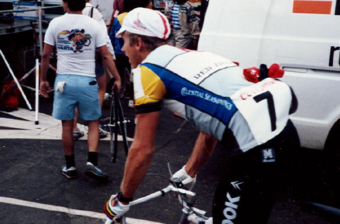 Greg LeMond pictured above at the Coors Classic in San Francisco in 1985.  He won the Tour de France in 1986.