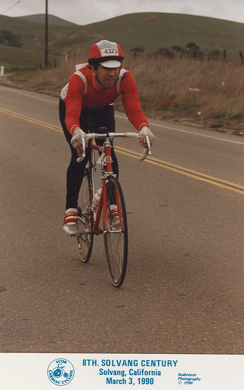 I'm coasting downhill near the end of the Solvang Century on March 3, 1990