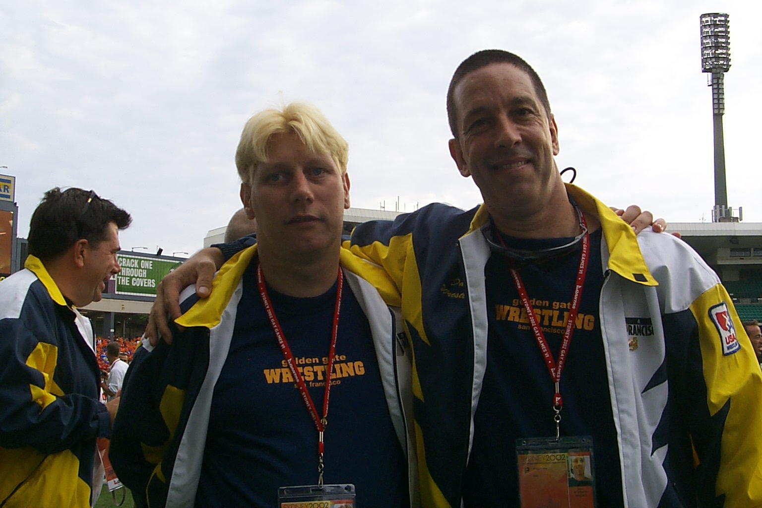 Dennis and Dave in the staging area awaiting Opening Ceremonies of Gay Games