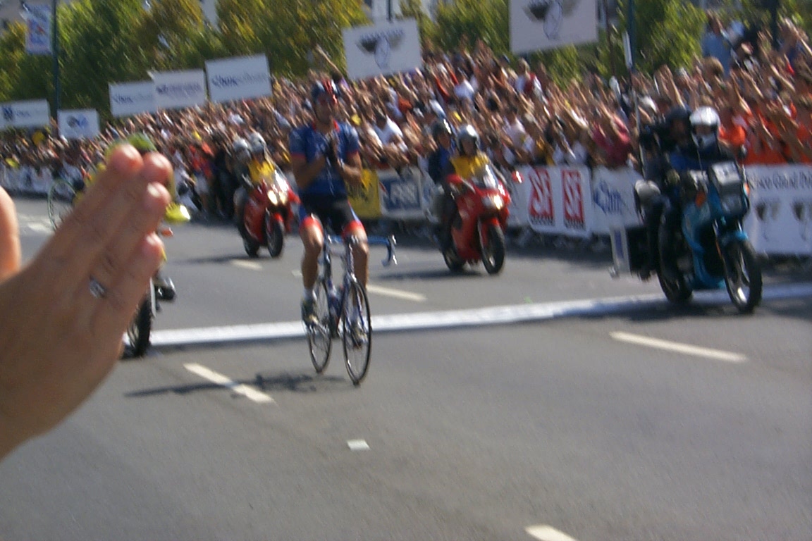 GEORGE HINCAPIE crosses the finish line to win the 127 1/2 mile race in 5 hours, 20 minutes, 42 seconds.