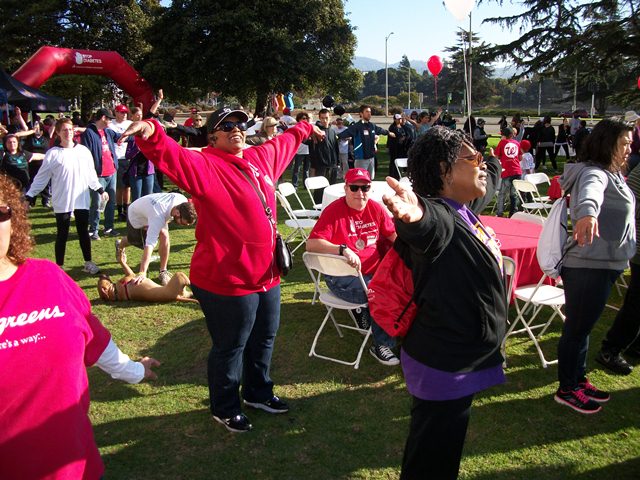 Renia and Deborah during their stretches before the walk.