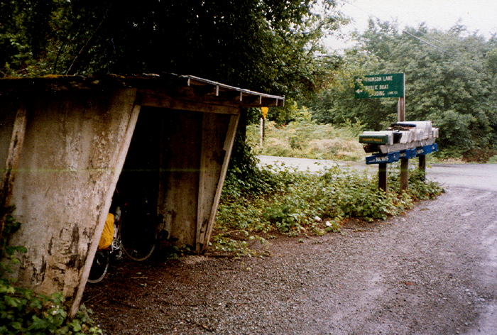 Bus top shed on Highway 29 near Vida.  I spent the night here while it rained all night.