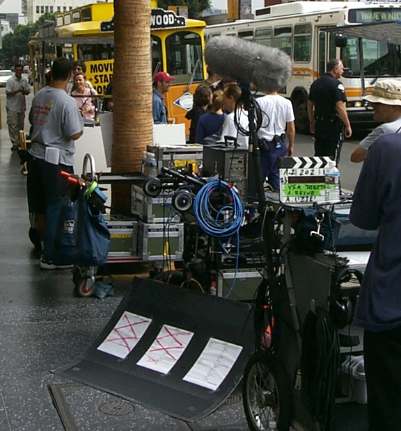 A crew shooting a scene on Hollywood Blvd.